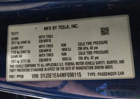 2021 Tesla Model 3 Standard Range Plus Rear-Wheel Drive from USA, damaged, VIN 5YJ3E1EA4MF096115